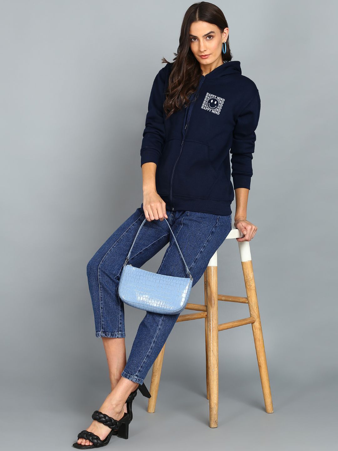 Happy Mind Printed Women's Cotton Full Zipper Sweatshirt Hoodies with Kangaroo Pocket Winter Wear Hooded Neck Sweatshirt