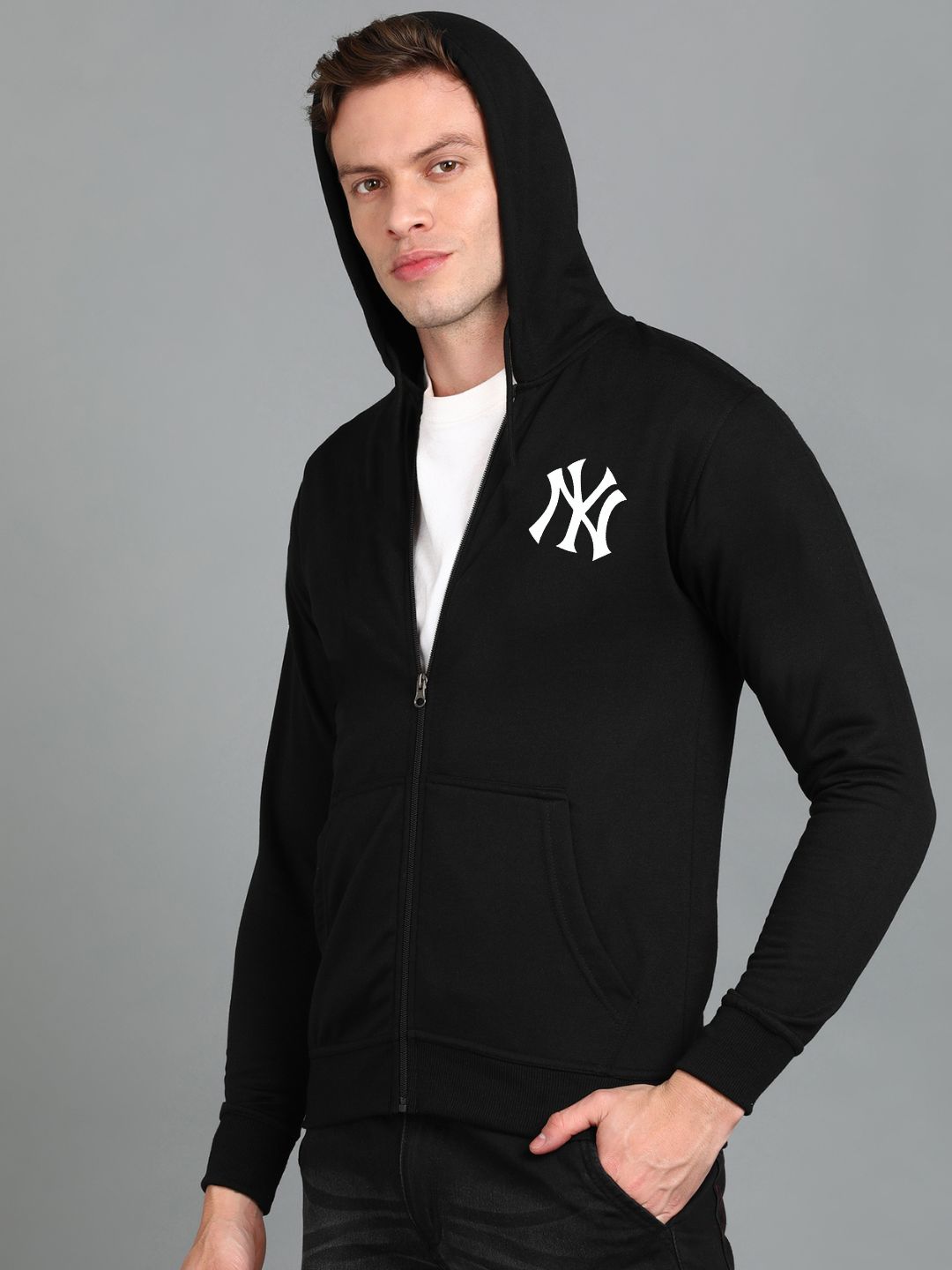Nyc Printed Men Winter Full Sleeve Zipper Hooded Hoodie with 2 Kangaroo Pockets