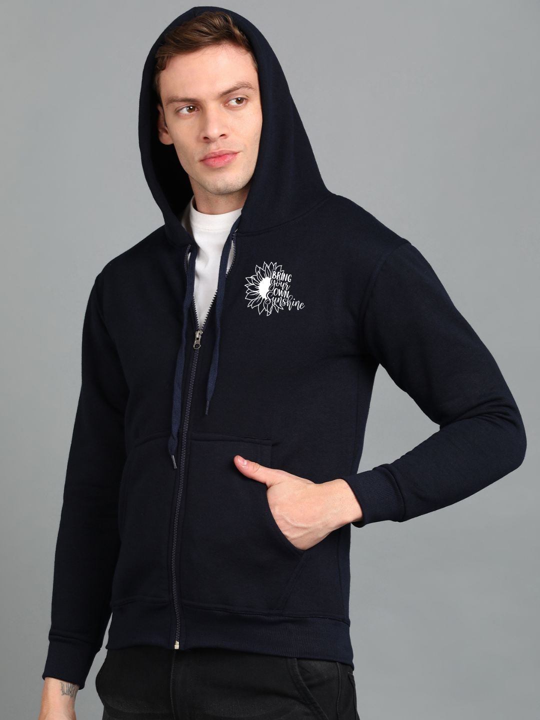 Sunshine Printed Men Winter Full Sleeve Zipper Hooded Hoodie with 2 Kangaroo Pockets