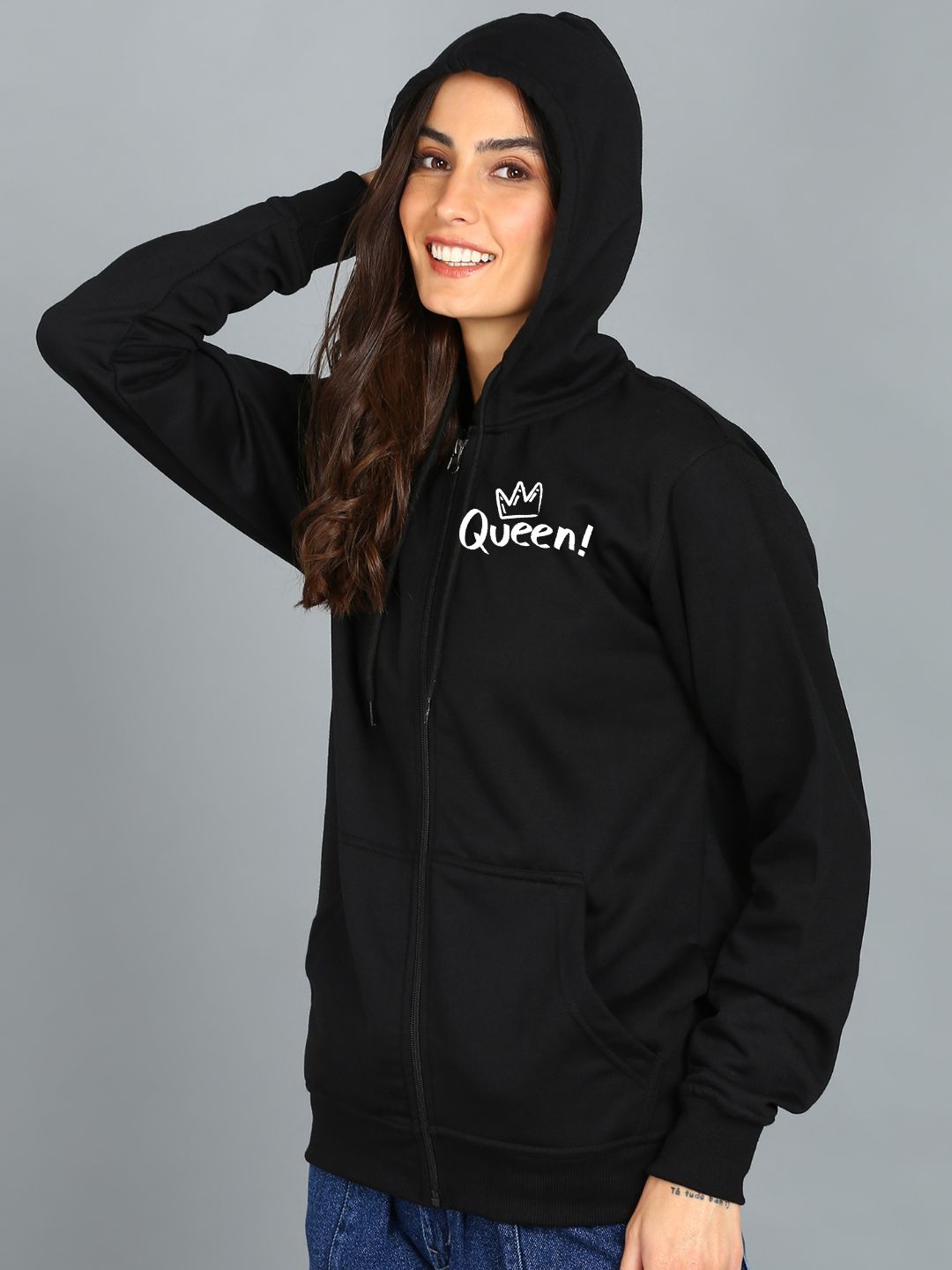 Queen Printed Women's Cotton Full Zipper Sweatshirt Hoodies with Kangaroo Pocket Winter Wear Hooded Neck Sweatshirt