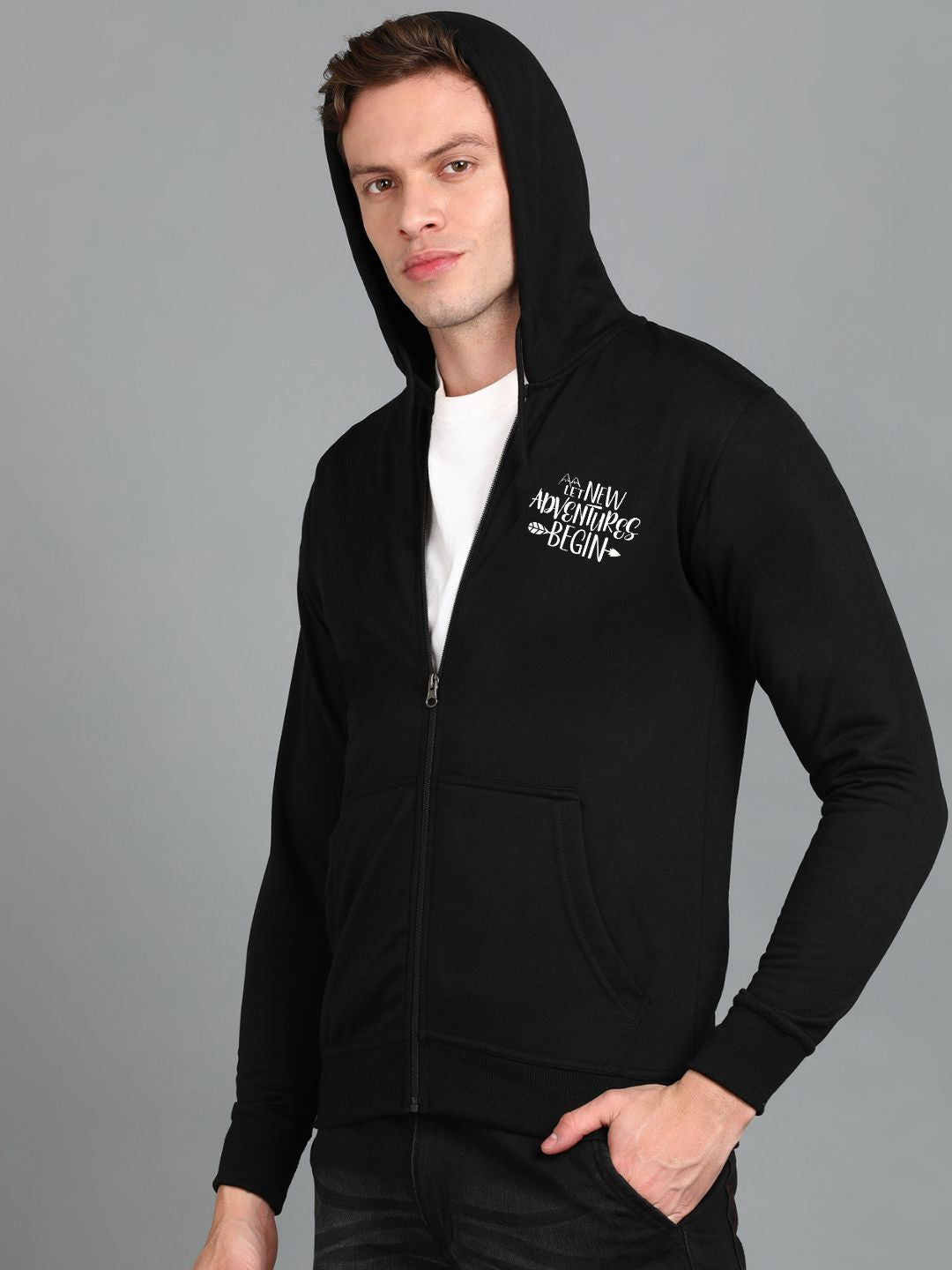 Travel Printed Men Winter Full Sleeve Zipper Hooded Hoodie with 2 Kangaroo Pockets