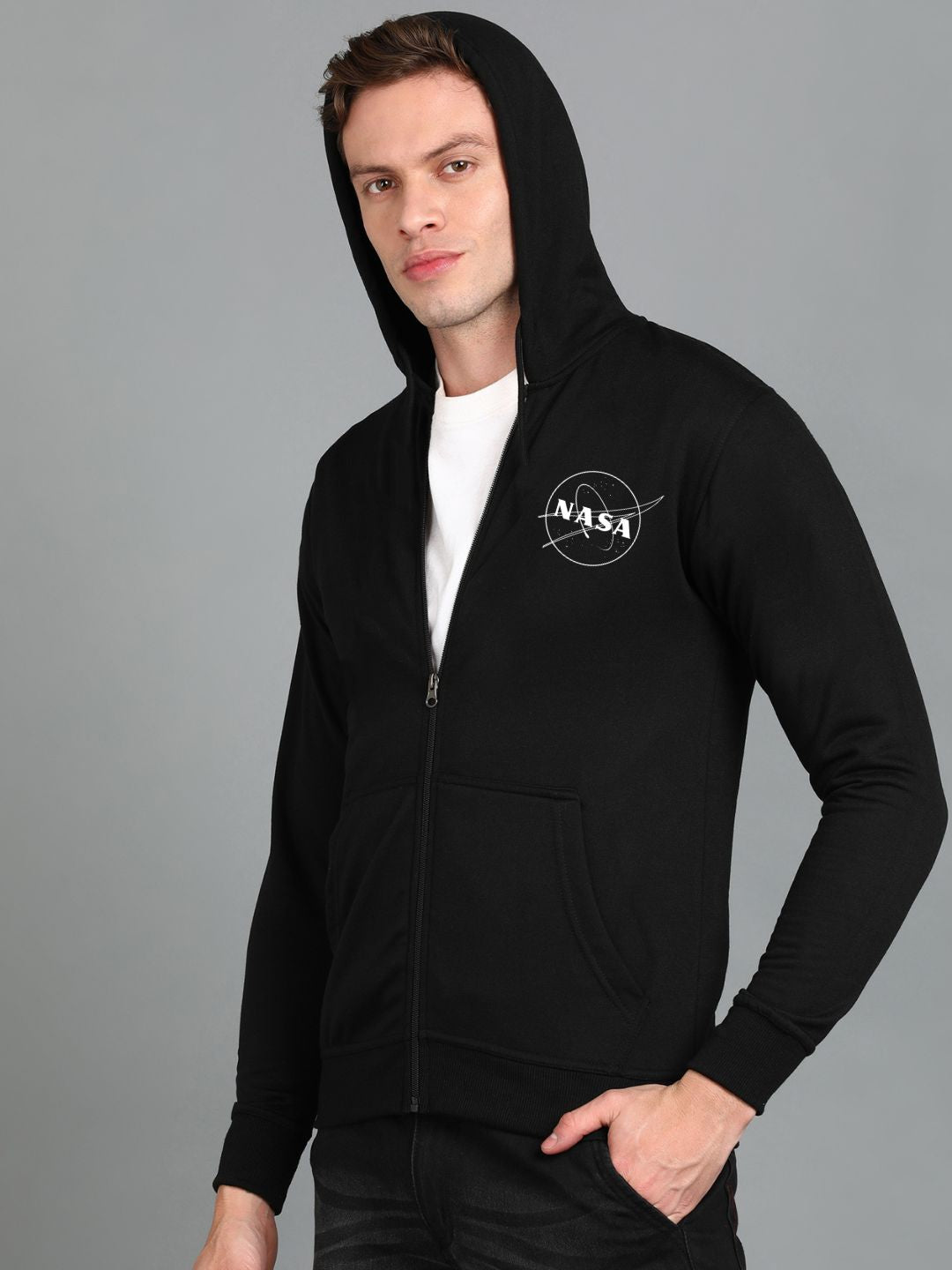 Nasa Printed Men Winter Full Sleeve Zipper Hooded Hoodie with 2 Kangaroo Pockets