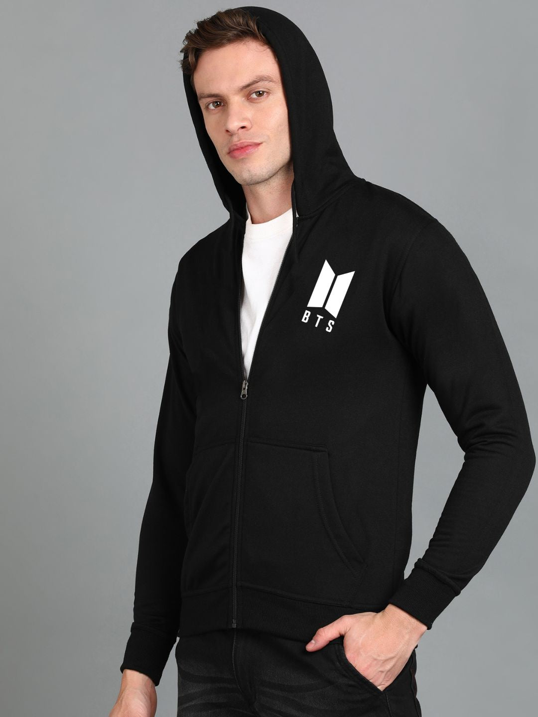 Printed Men Winter Full Sleeve Zipper Hooded Hoodie with 2 Kangaroo Pockets