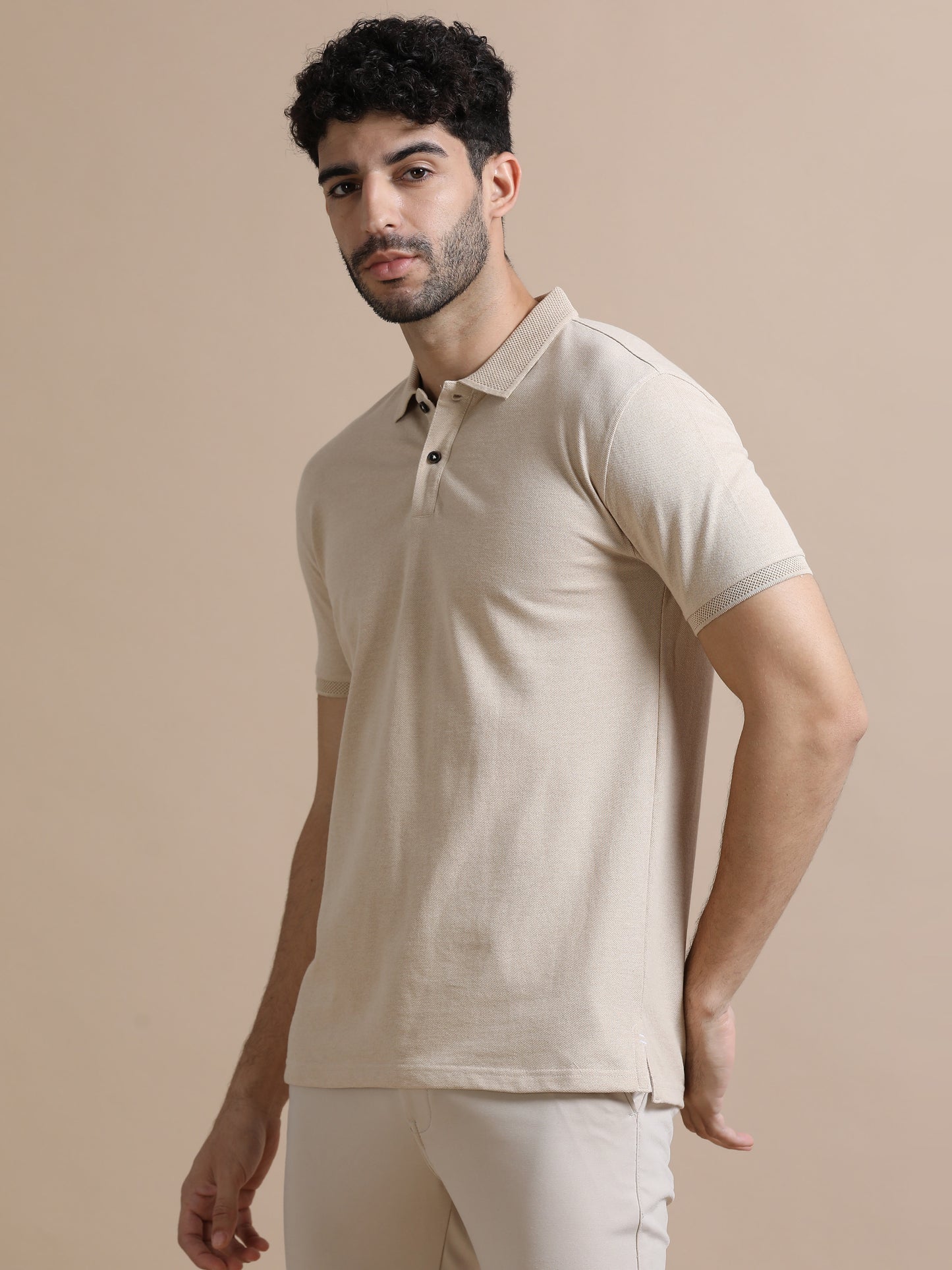 Sustainable Sand Beige Men’s Premium Polo T-Shirt | Eco-Friendly Casual Wear