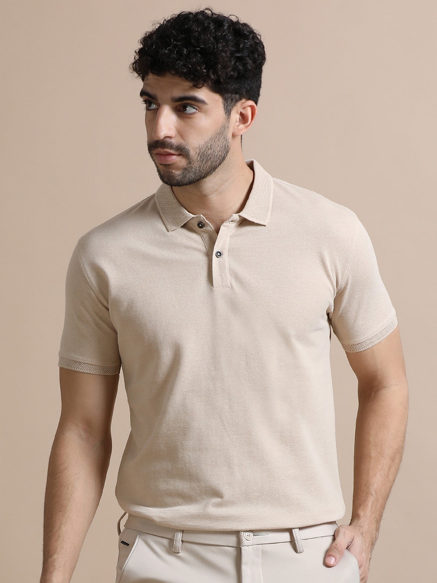 Sustainable Sand Beige Men’s Premium Polo T-Shirt | Eco-Friendly Casual Wear