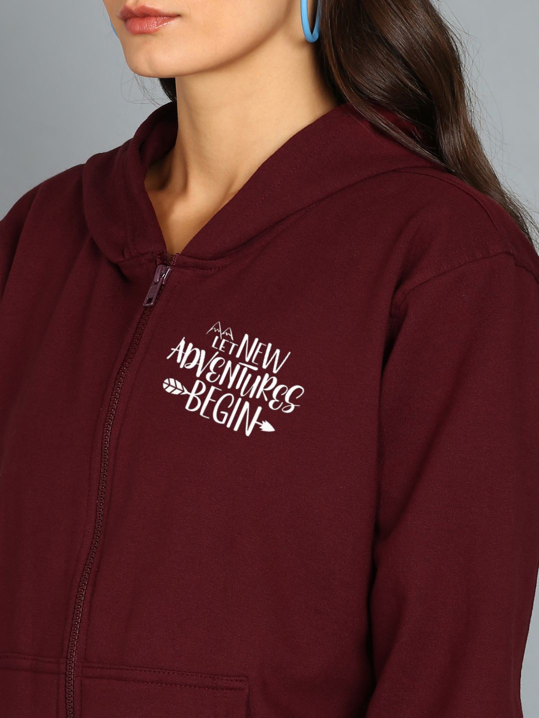 New Adventure Begin Printed Women's Cotton Full Zipper Sweatshirt Hoodies with Kangaroo Pocket Winter Wear Hooded Neck Sweatshirt