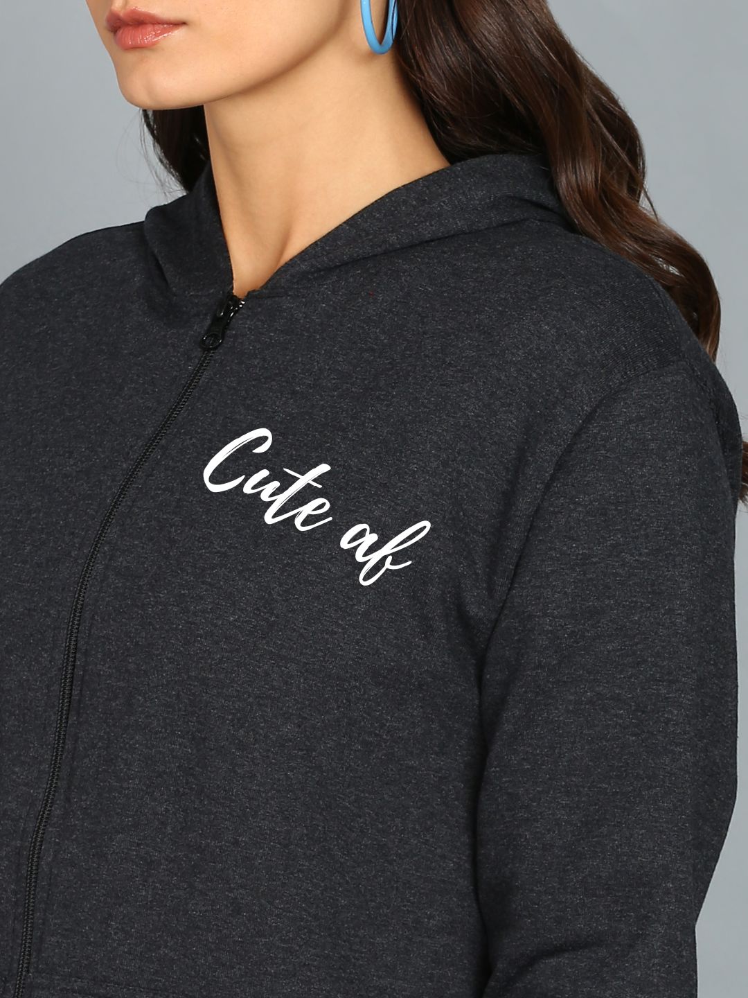 Cute Af Printed Women's Cotton Full Zipper Sweatshirt Hoodies with Kangaroo Pocket Winter Wear Hooded Neck Sweatshirt