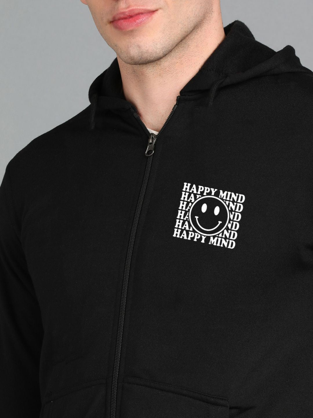 Happy Mind Printed Men Winter Full Sleeve Zipper Hooded Hoodie with 2 Kangaroo Pockets