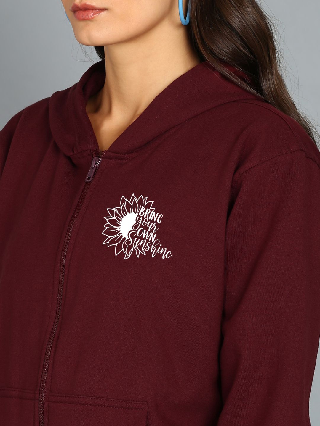 Sunshine Printed Women's Cotton Full Zipper Sweatshirt Hoodies with Kangaroo Pocket Winter Wear Hooded Neck Sweatshirt
