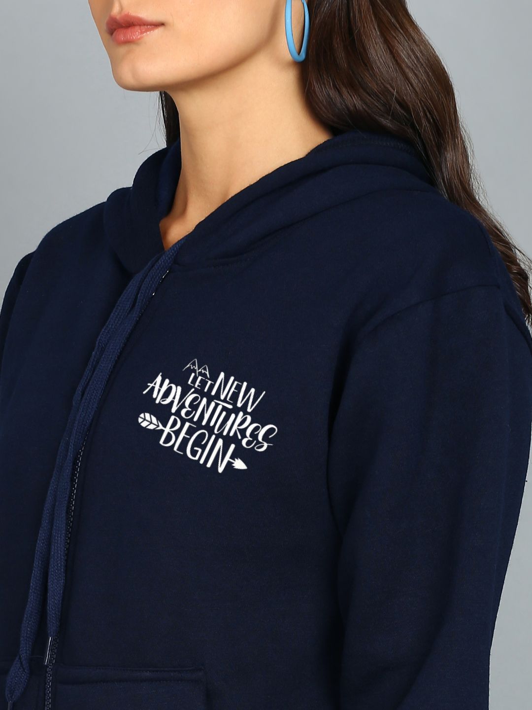 New Adventure Begin Printed Women's Cotton Full Zipper Sweatshirt Hoodies with Kangaroo Pocket Winter Wear Hooded Neck Sweatshirt