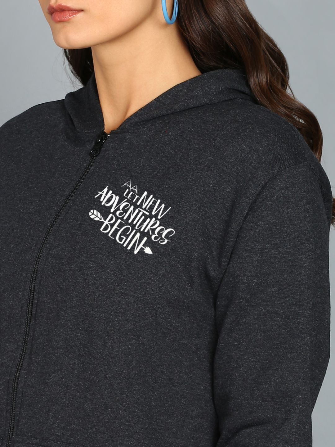 New Adventure Begin Printed Women's Cotton Full Zipper Sweatshirt Hoodies with Kangaroo Pocket Winter Wear Hooded Neck Sweatshirt