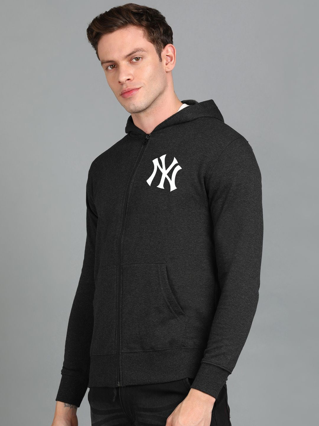 Nyc Printed Men Winter Full Sleeve Zipper Hooded Hoodie with 2 Kangaroo Pockets