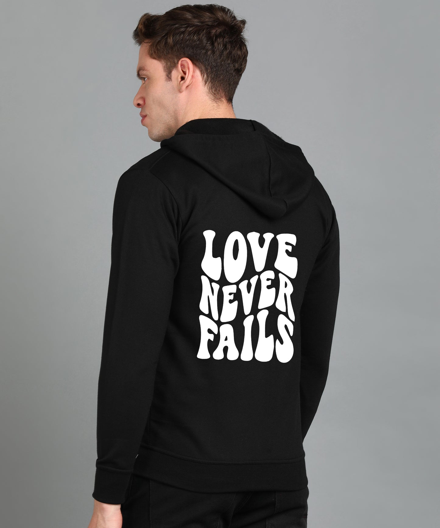 Love Never Fails Men's Back Printed Zipper Hoodie