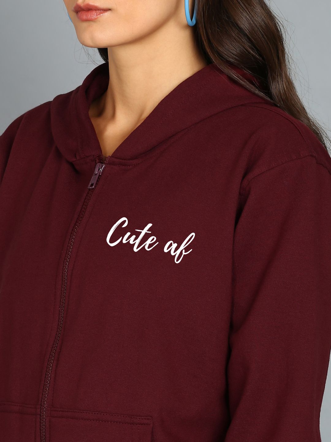 Cute Af Printed Women's Cotton Full Zipper Sweatshirt Hoodies with Kangaroo Pocket Winter Wear Hooded Neck Sweatshirt