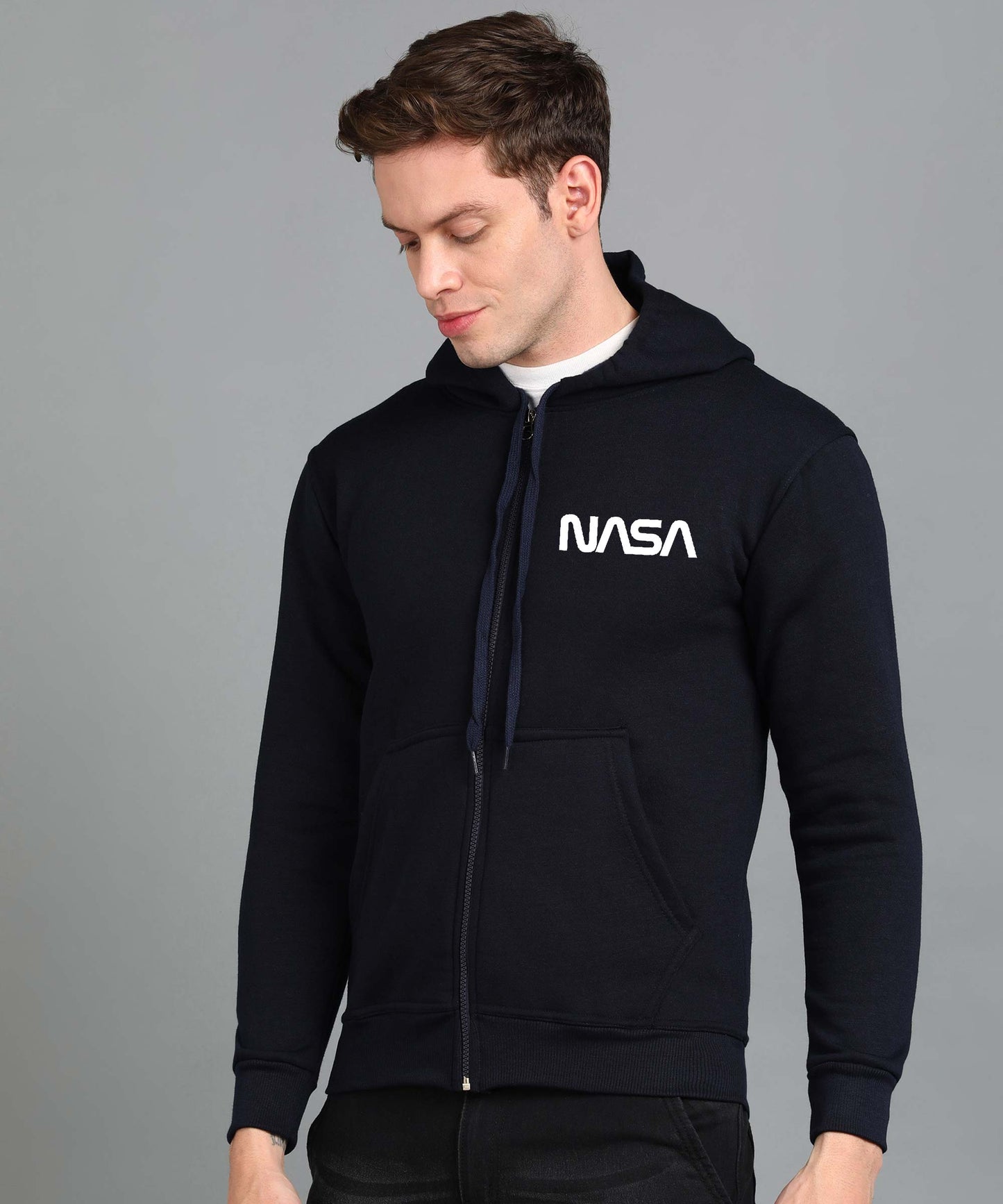 New Nasa Printed Men Winter Full Sleeve Zipper Hooded Hoodie with 2 Kangaroo Pockets