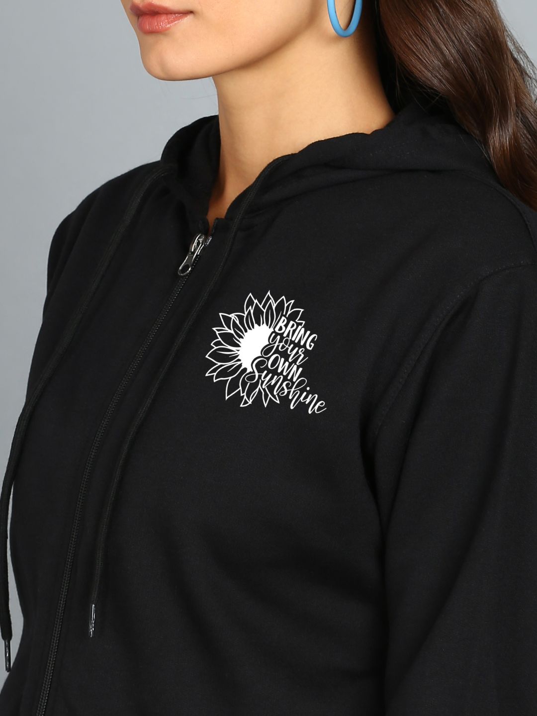 Sunshine Printed Women's Cotton Full Zipper Sweatshirt Hoodies with Kangaroo Pocket Winter Wear Hooded Neck Sweatshirt