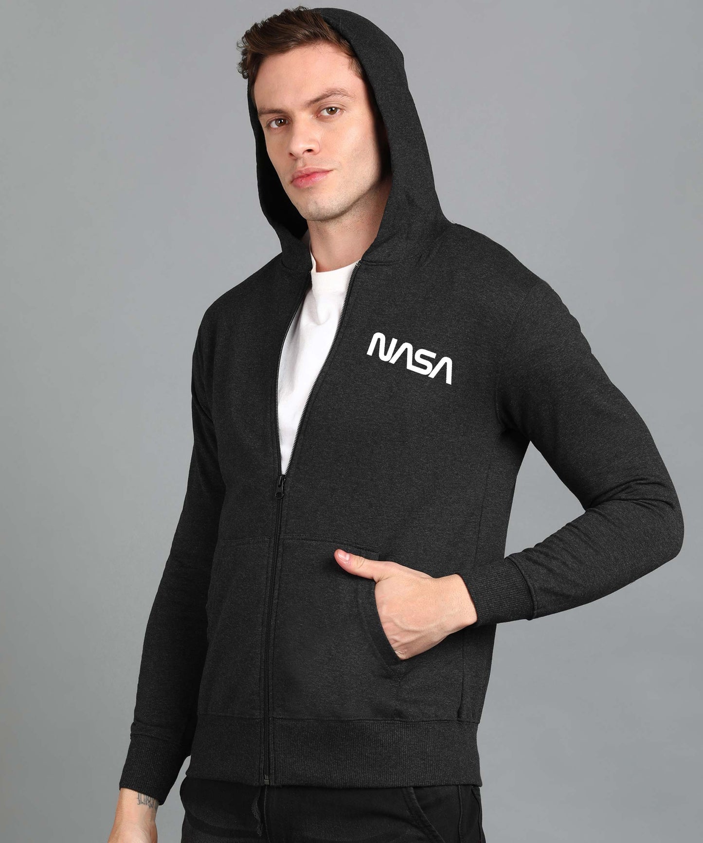 New Nasa Printed Men Winter Full Sleeve Zipper Hooded Hoodie with 2 Kangaroo Pockets
