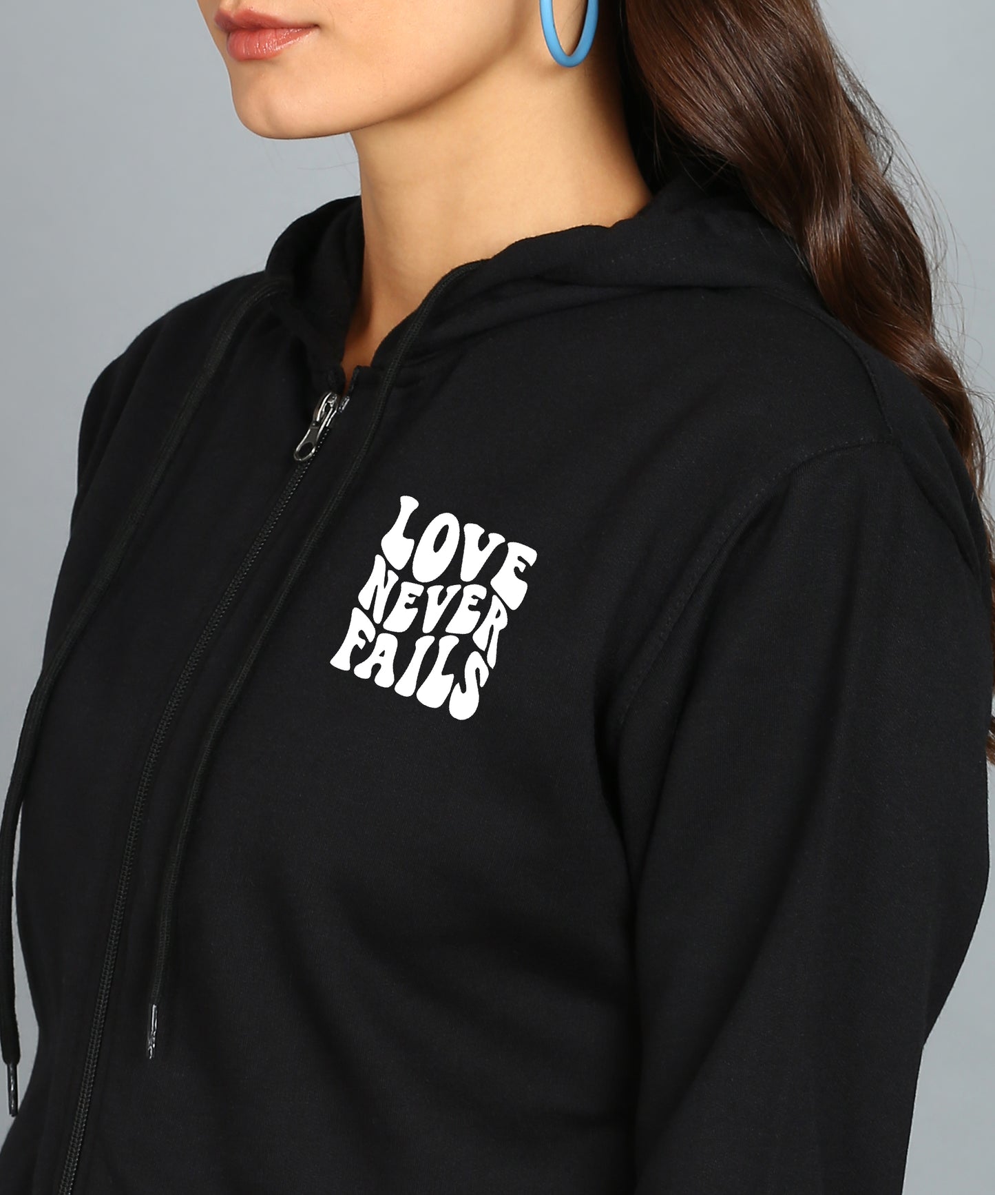 Love Never Fails Women’s Black Zipper Hoodie - Stylish & Comfortable