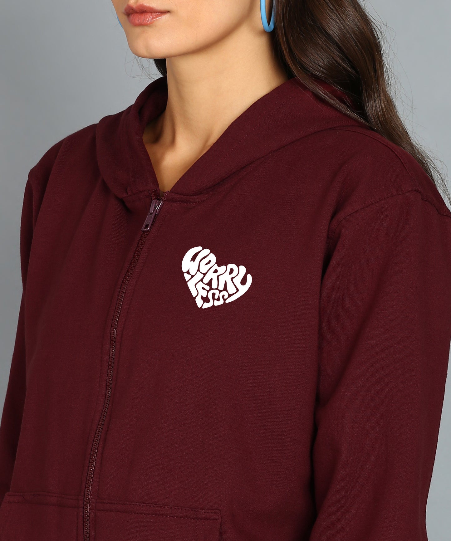 Worry Less Printed Zipper Hooded Hoodie for Women