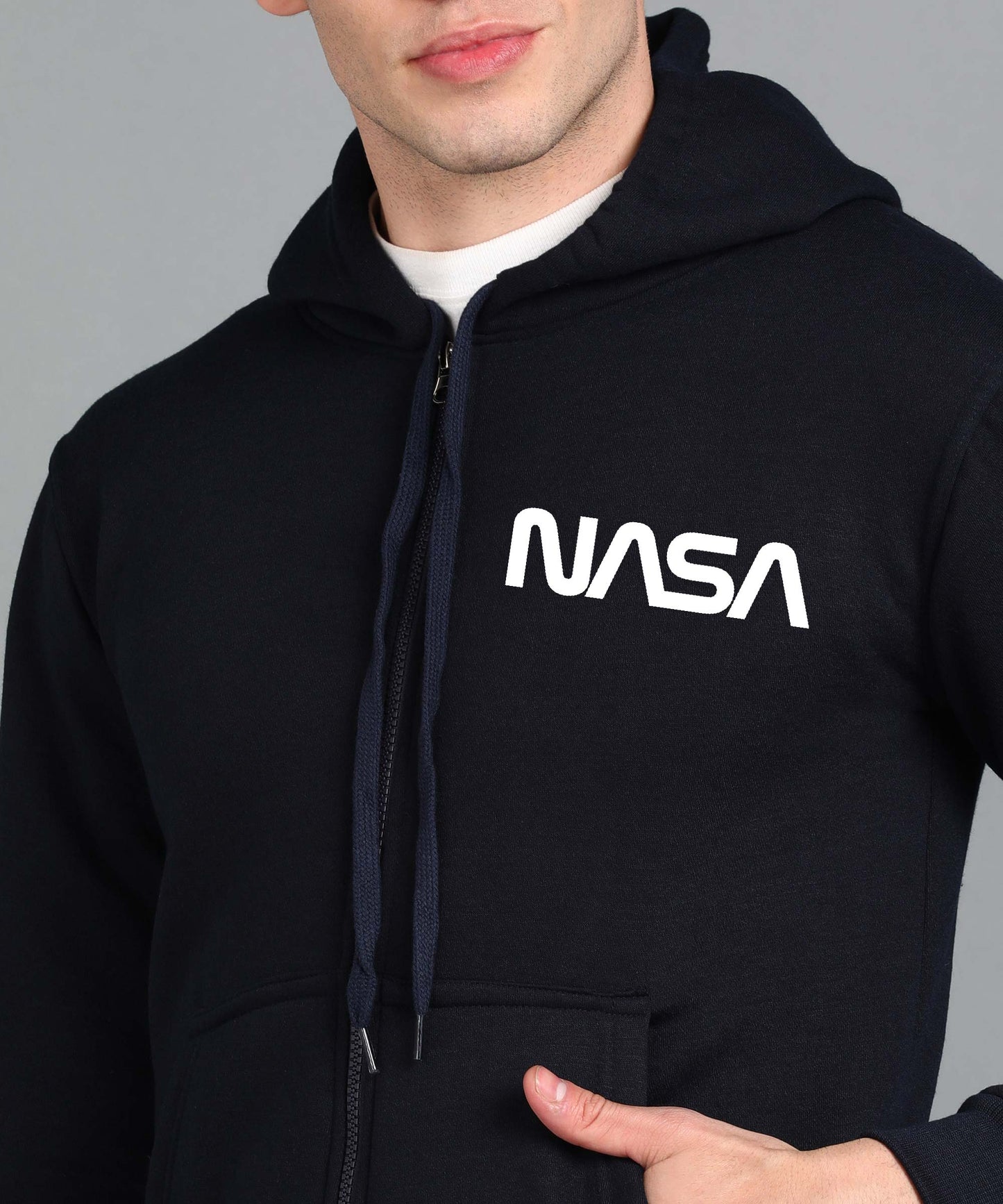 New Nasa Printed Men Winter Full Sleeve Zipper Hooded Hoodie with 2 Kangaroo Pockets