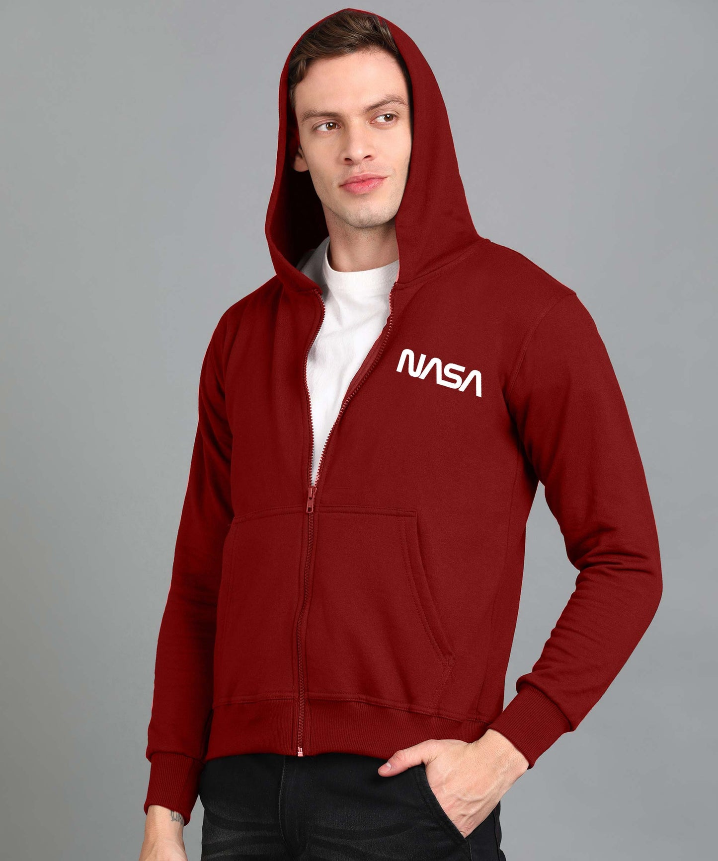 New Nasa Printed Men Winter Full Sleeve Zipper Hooded Hoodie with 2 Kangaroo Pockets
