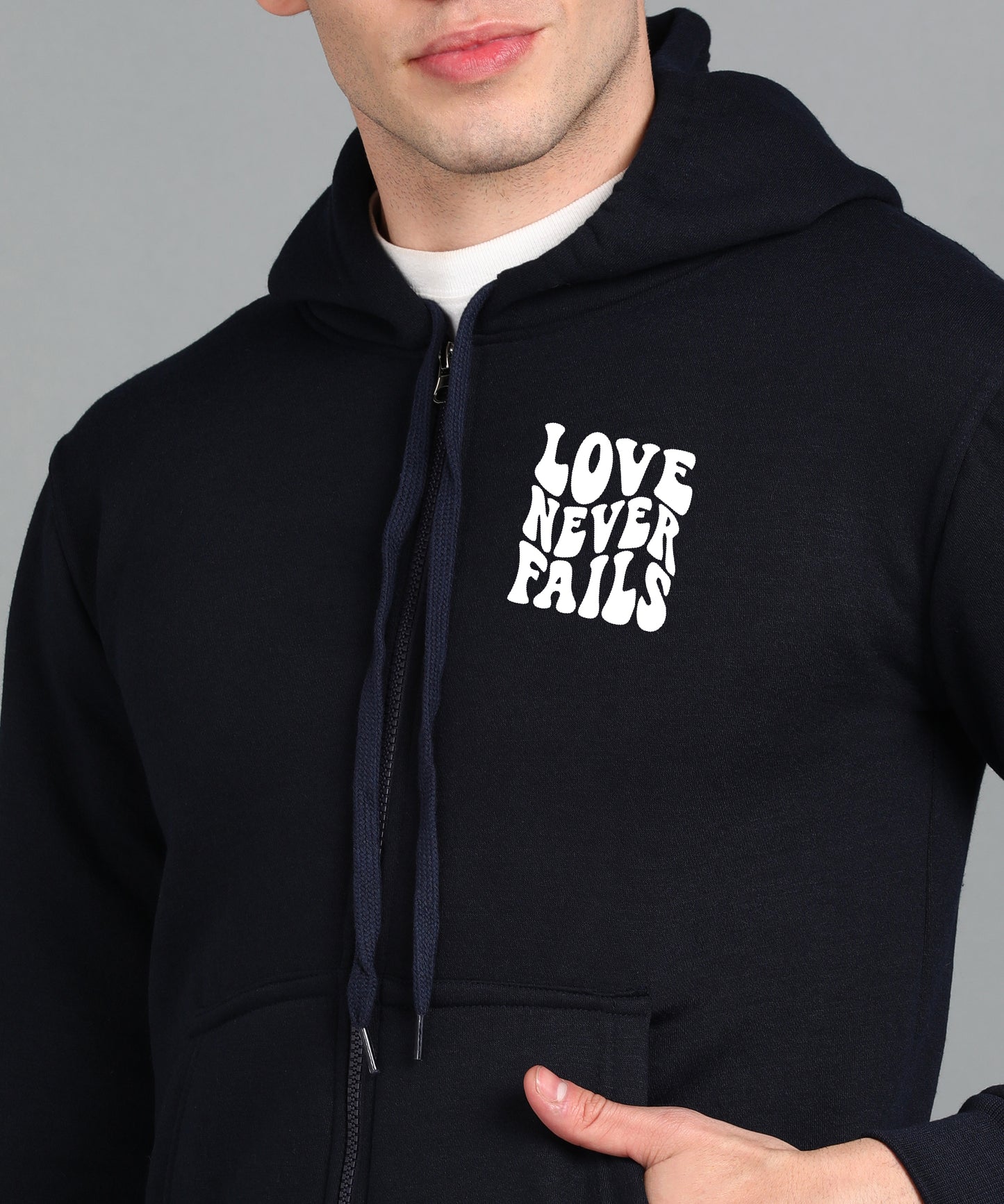 Love Never Fails Men's Back Printed Zipper Hoodie