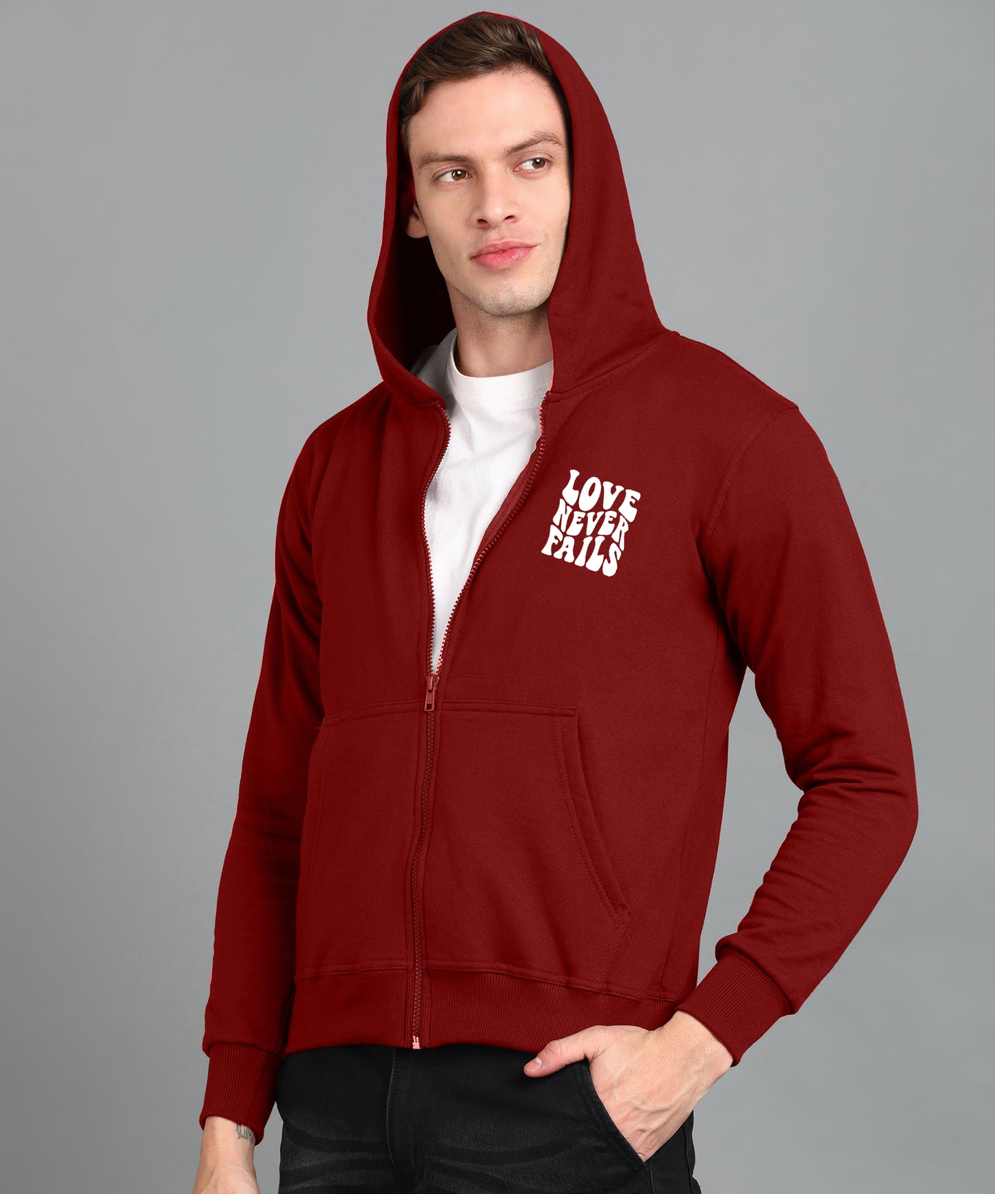 Love Never Fails Men's Back Printed Zipper Hoodie