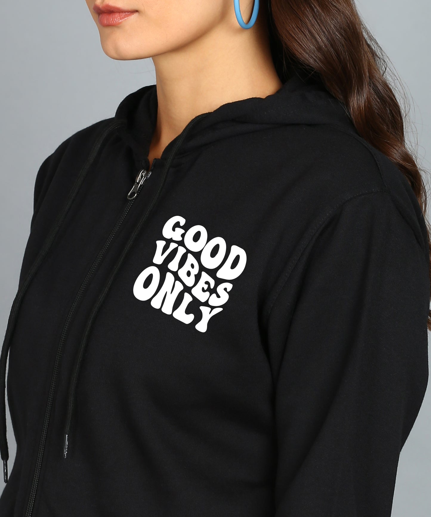 Back Printed Women's Cotton Full Zipper Sweatshirt Hoodies with Kangaroo Pocket Winter Wear Hooded Neck Sweatshirt