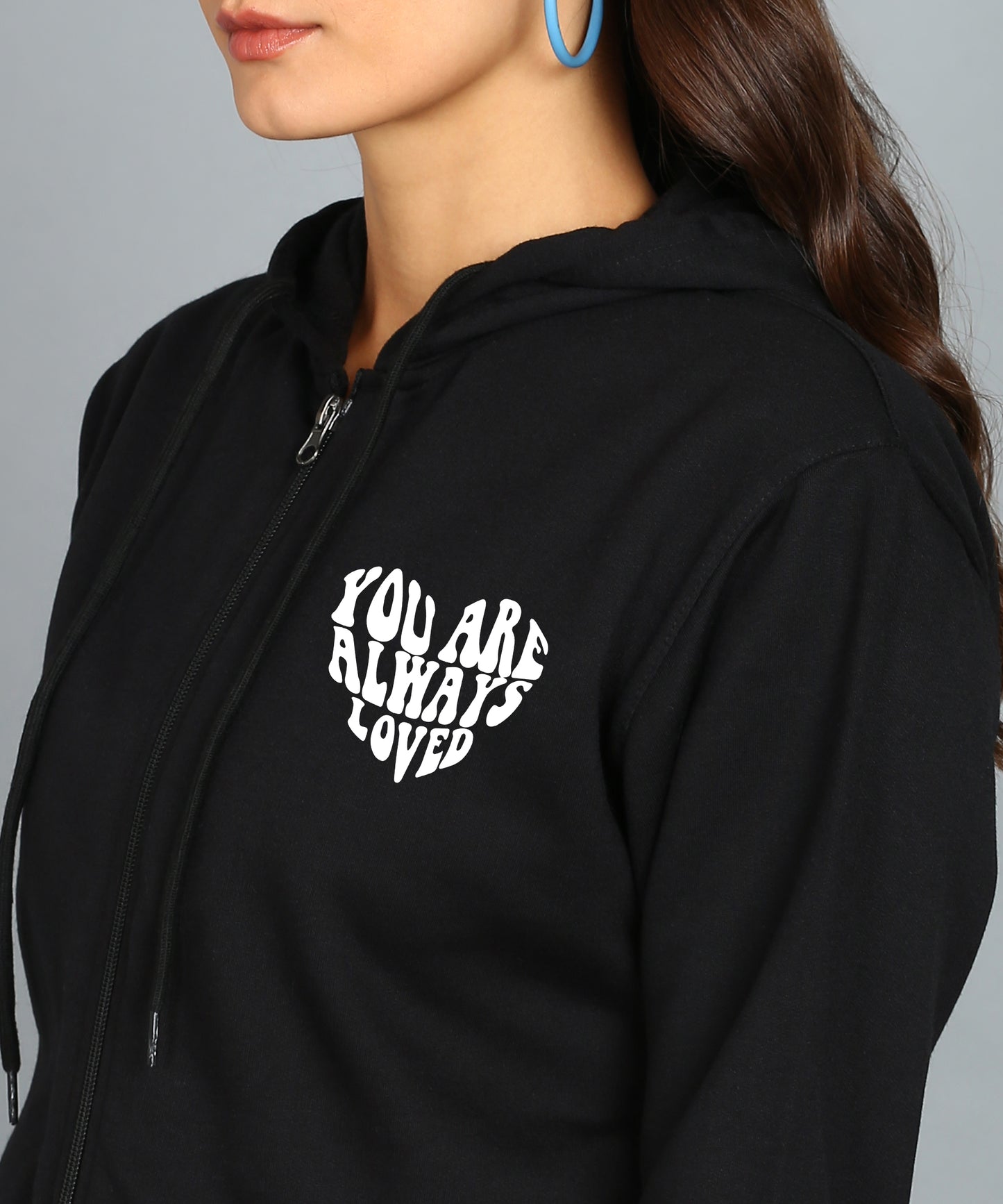 Back Printed Women's Cotton Full Zipper Sweatshirt Hoodies with Kangaroo Pocket Winter Wear Hooded Neck Sweatshirt
