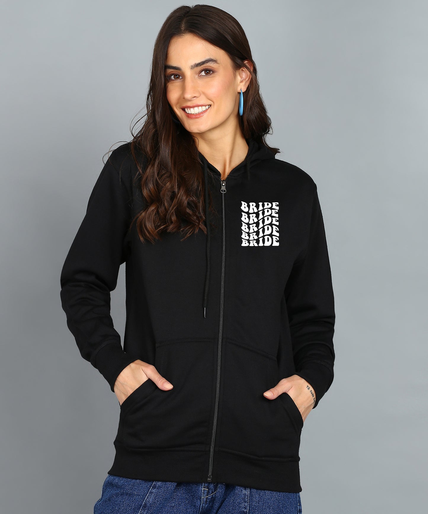 Back Printed Women's Cotton Full Zipper Sweatshirt Hoodies with Kangaroo Pocket Winter Wear Hooded Neck Sweatshirt