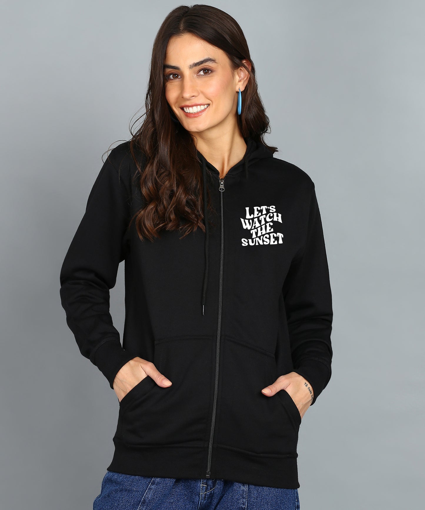 Back Printed Women's Cotton Full Zipper Sweatshirt Hoodies with Kangaroo Pocket Winter Wear Hooded Neck Sweatshirt
