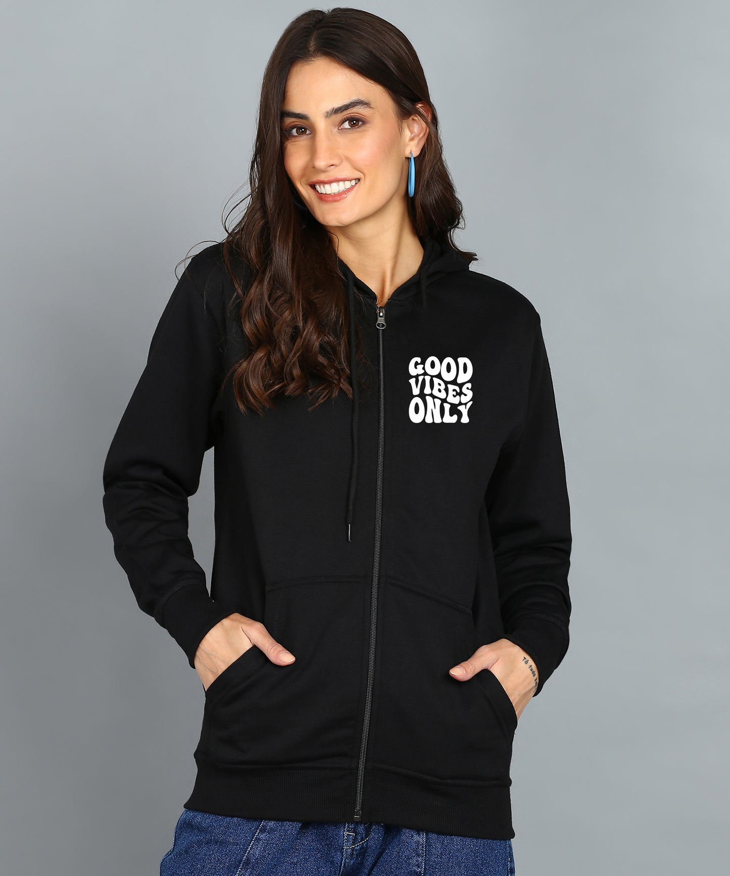 Back Printed Women's Cotton Full Zipper Sweatshirt Hoodies with Kangaroo Pocket Winter Wear Hooded Neck Sweatshirt
