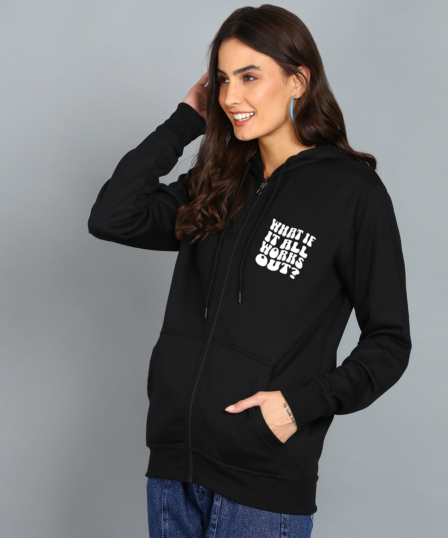 Back Printed Women's Cotton Full Zipper Sweatshirt Hoodies with Kangaroo Pocket Winter Wear Hooded Neck Sweatshirt