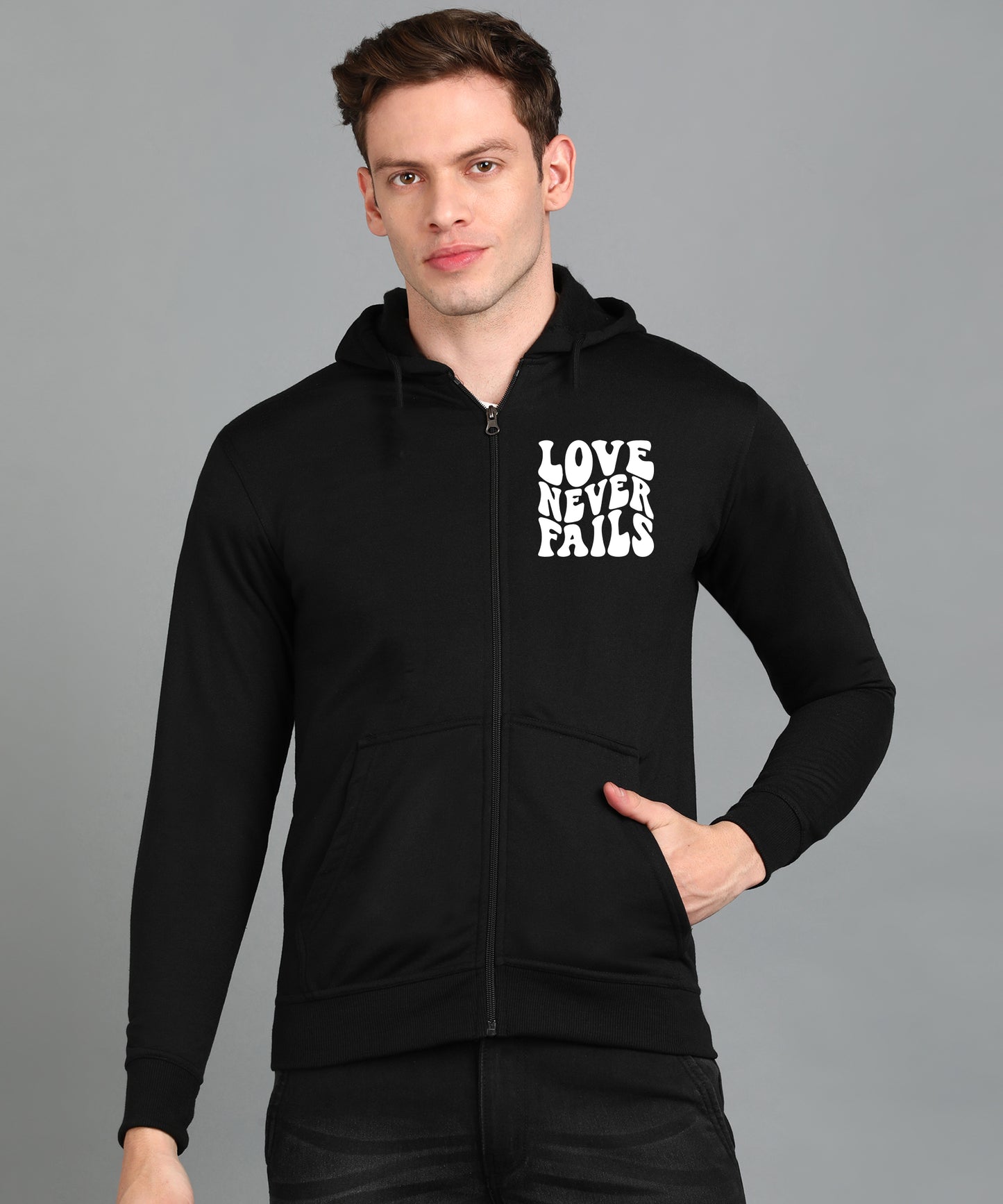 Love Never Fails Men's Back Printed Zipper Hoodie