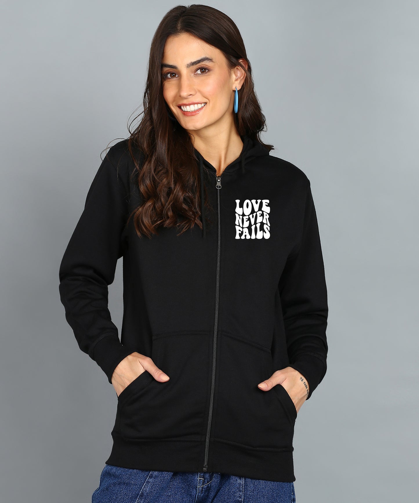 Love Never Fails Women’s Black Zipper Hoodie - Stylish & Comfortable