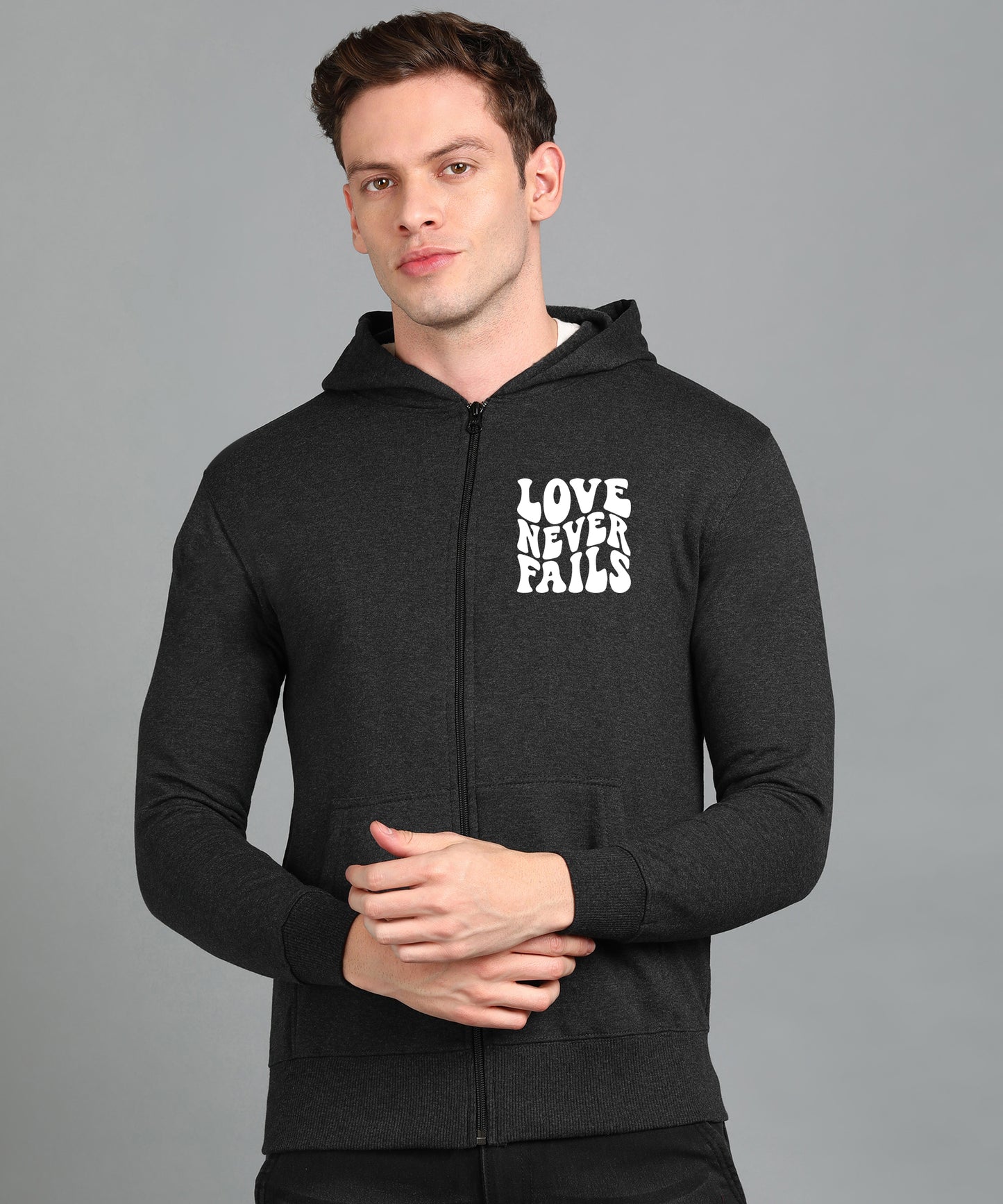 Love Never Fails Men's Back Printed Zipper Hoodie