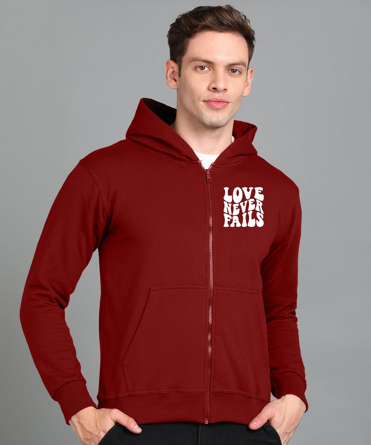 Love Never Fails Men's Back Printed Zipper Hoodie