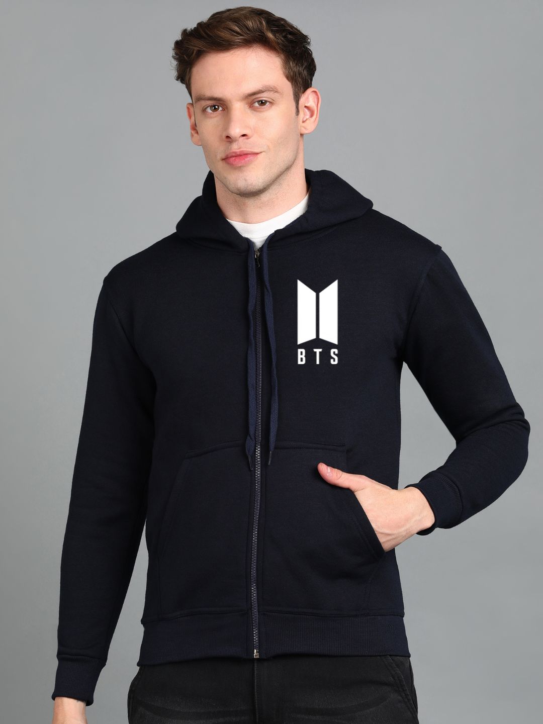 Printed Men Winter Full Sleeve Zipper Hooded Hoodie with 2 Kangaroo Pockets