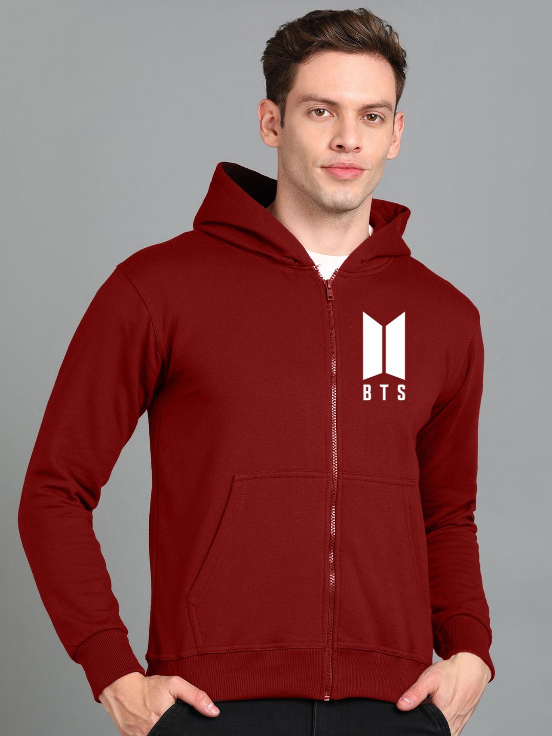 Printed Men Winter Full Sleeve Zipper Hooded Hoodie with 2 Kangaroo Pockets