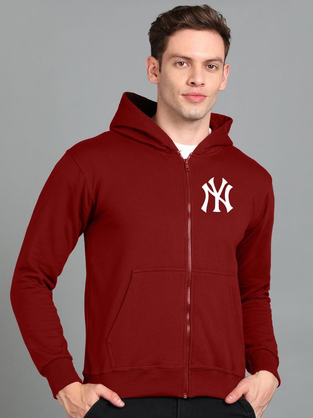 Nyc Printed Men Winter Full Sleeve Zipper Hooded Hoodie with 2 Kangaroo Pockets