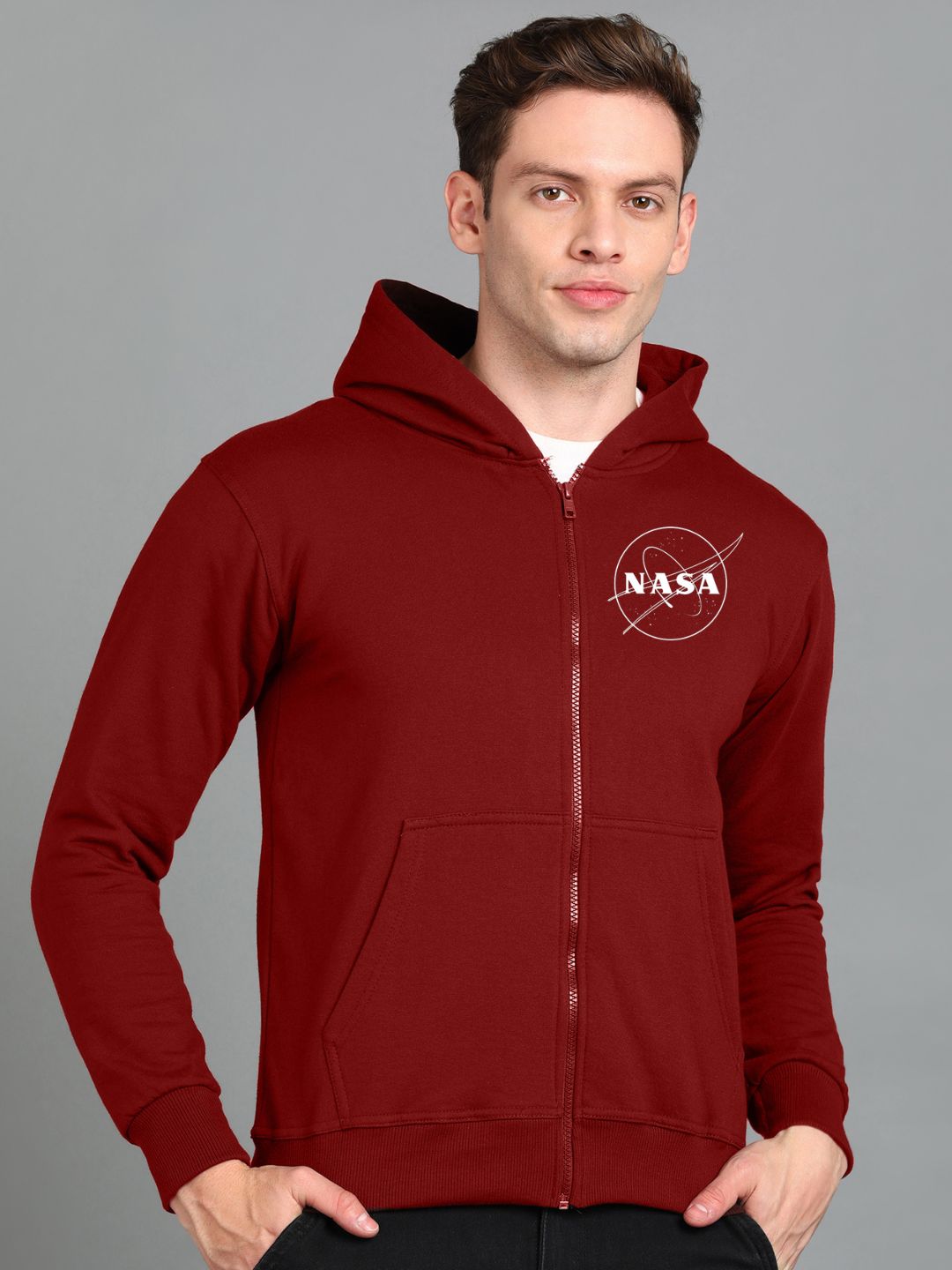 Nasa Printed Men Winter Full Sleeve Zipper Hooded Hoodie with 2 Kangaroo Pockets