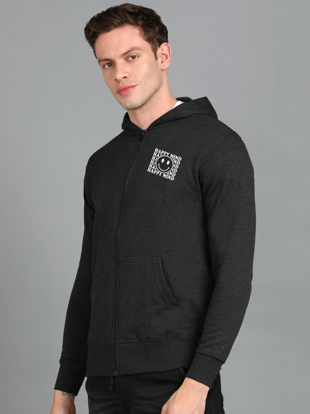 Happy Mind Printed Men Winter Full Sleeve Zipper Hooded Hoodie with 2 Kangaroo Pockets