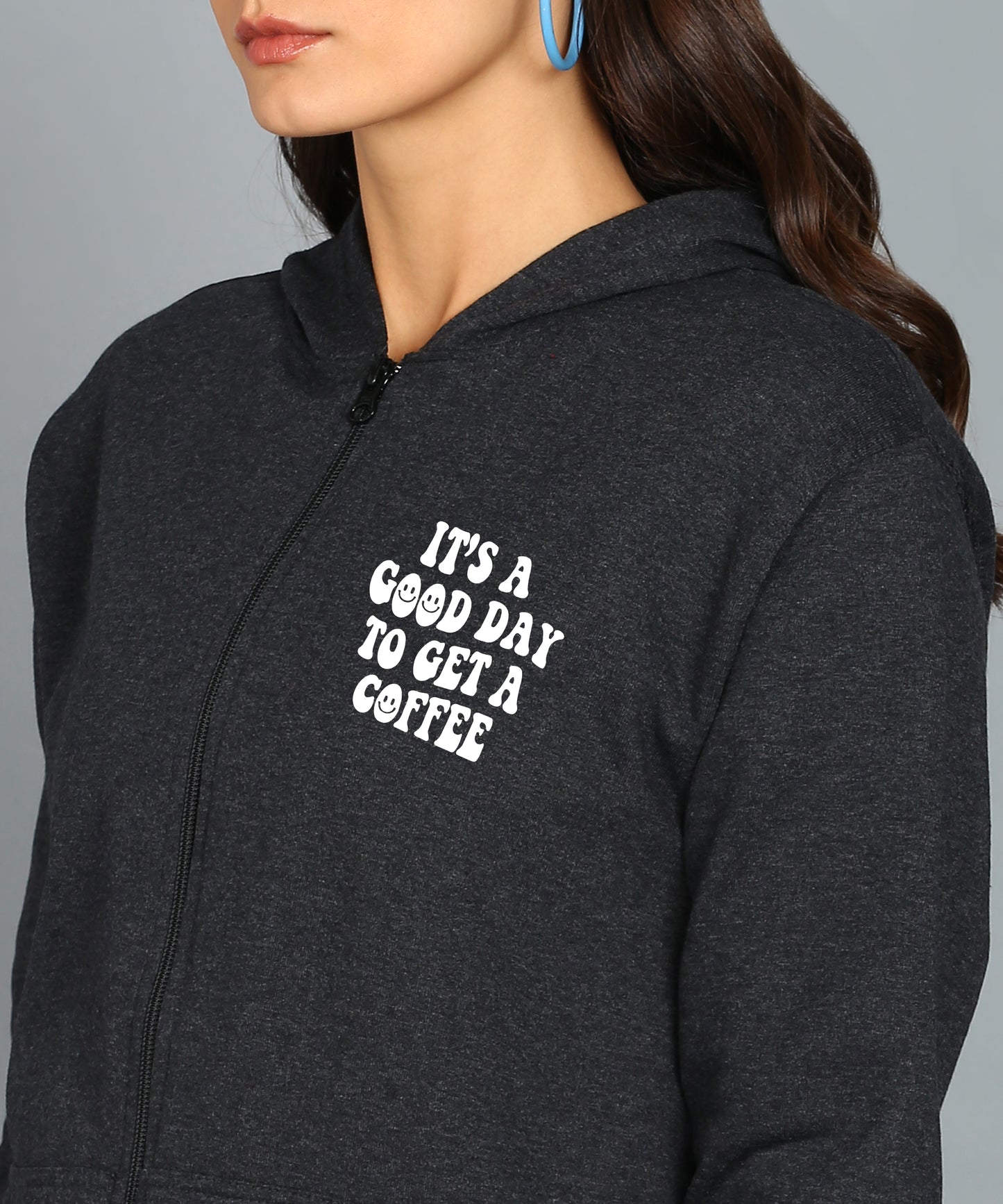 Back Printed Women's Cotton Full Zipper Sweatshirt Hoodies with Kangaroo Pocket Winter Wear Hooded Neck Sweatshirt