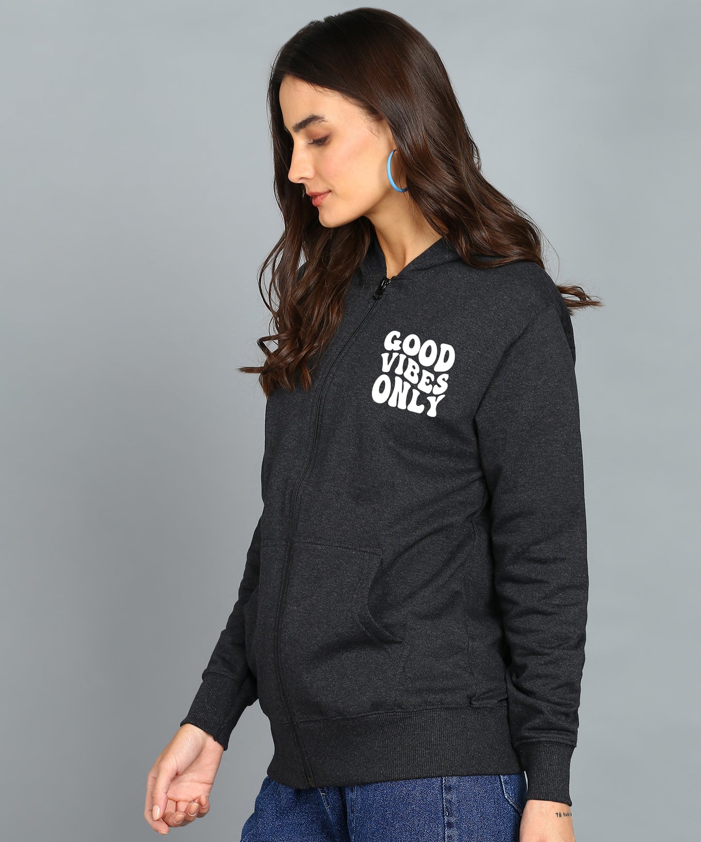 Back Printed Women's Cotton Full Zipper Sweatshirt Hoodies with Kangaroo Pocket Winter Wear Hooded Neck Sweatshirt