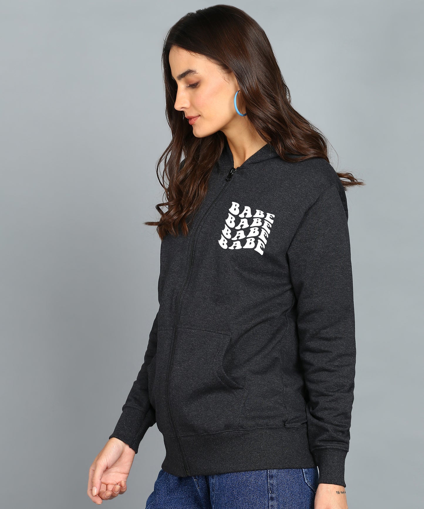 Back Printed Women's Cotton Full Zipper Sweatshirt Hoodies with Kangaroo Pocket Winter Wear Hooded Neck Sweatshirt