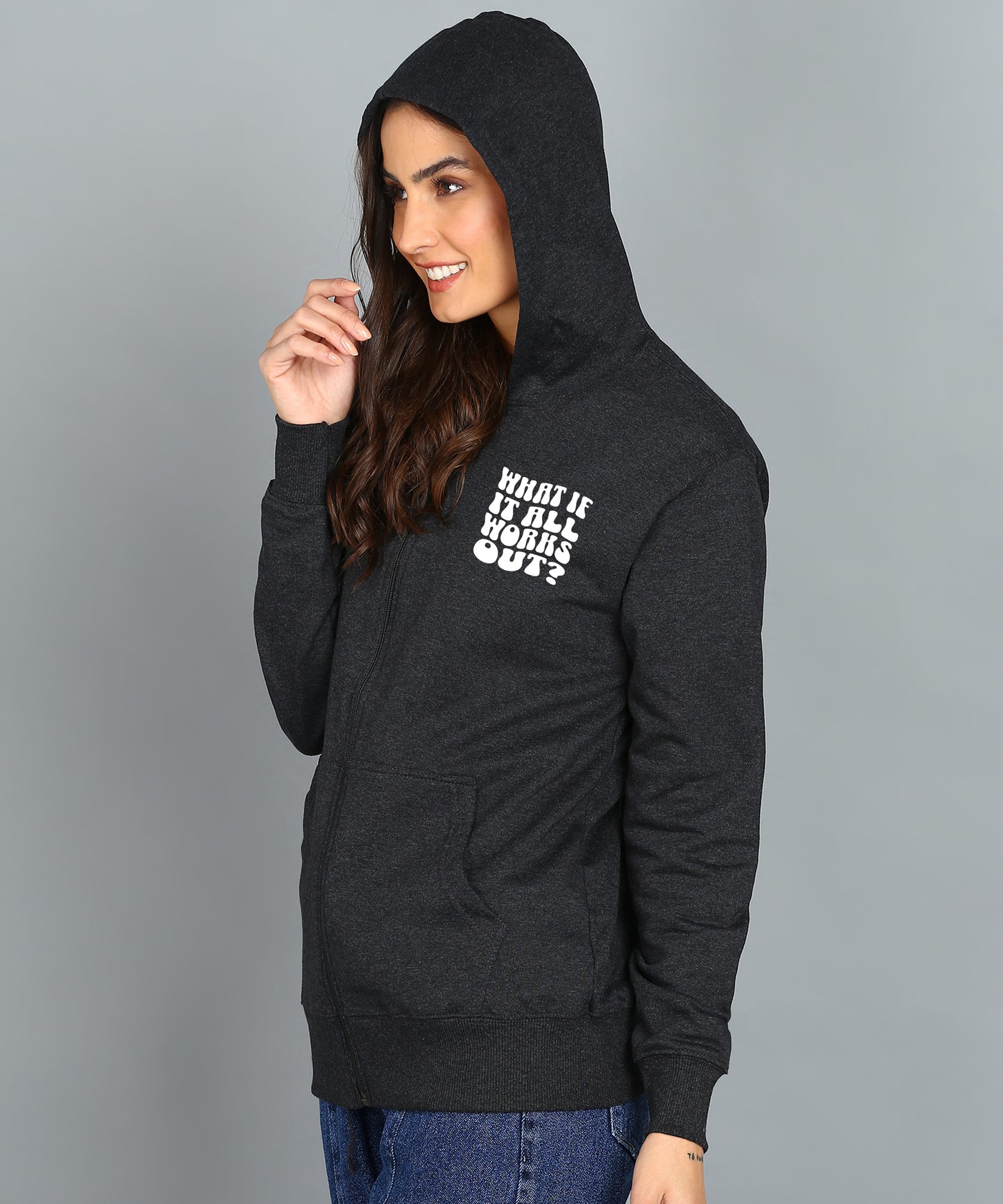 Back Printed Women's Cotton Full Zipper Sweatshirt Hoodies with Kangaroo Pocket Winter Wear Hooded Neck Sweatshirt