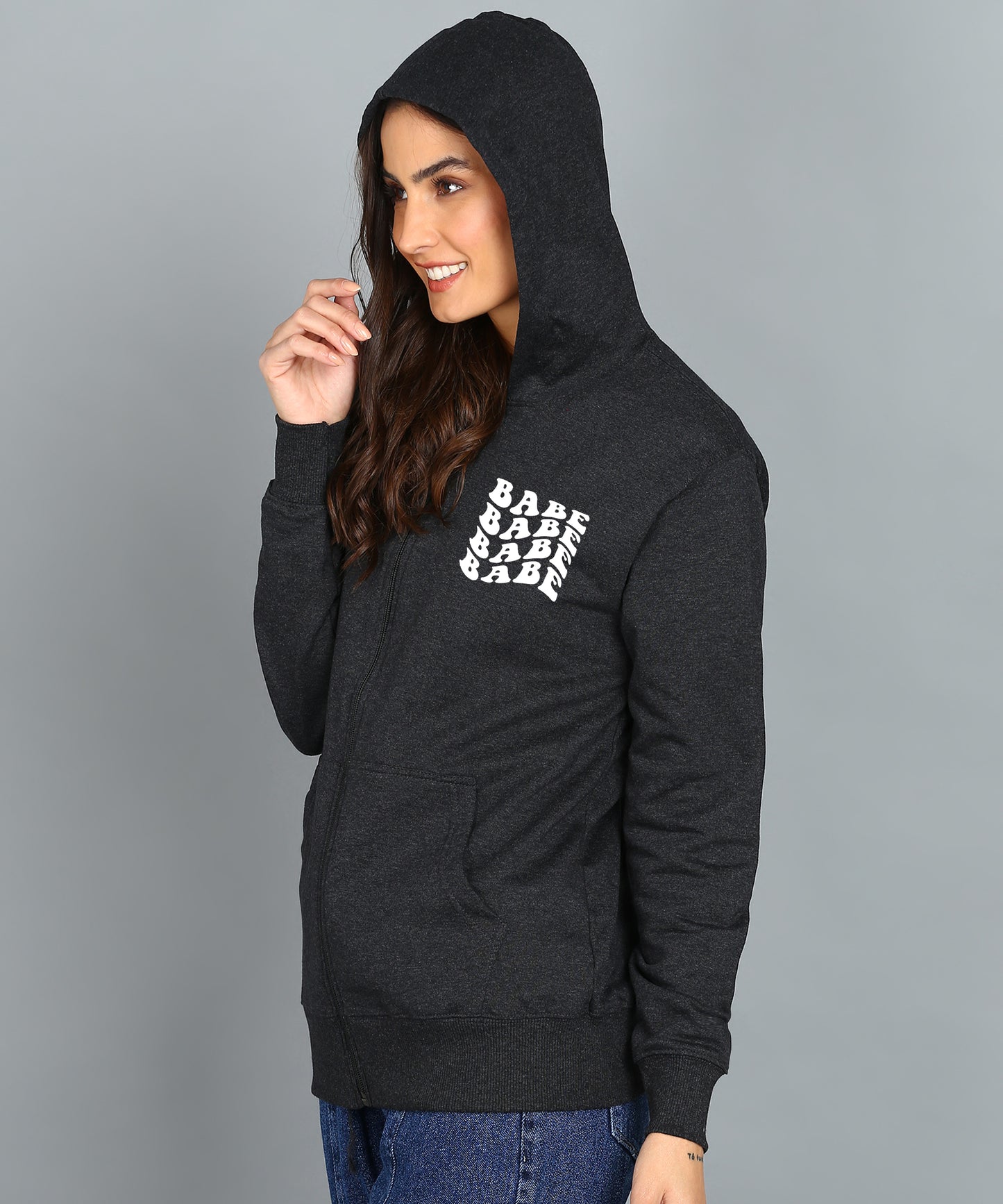 Back Printed Women's Cotton Full Zipper Sweatshirt Hoodies with Kangaroo Pocket Winter Wear Hooded Neck Sweatshirt
