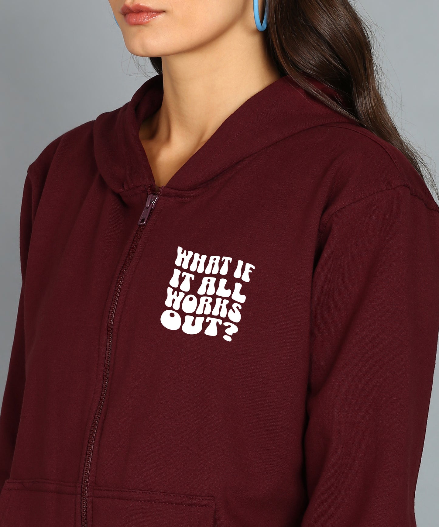 Back Printed Women's Cotton Full Zipper Sweatshirt Hoodies with Kangaroo Pocket Winter Wear Hooded Neck Sweatshirt
