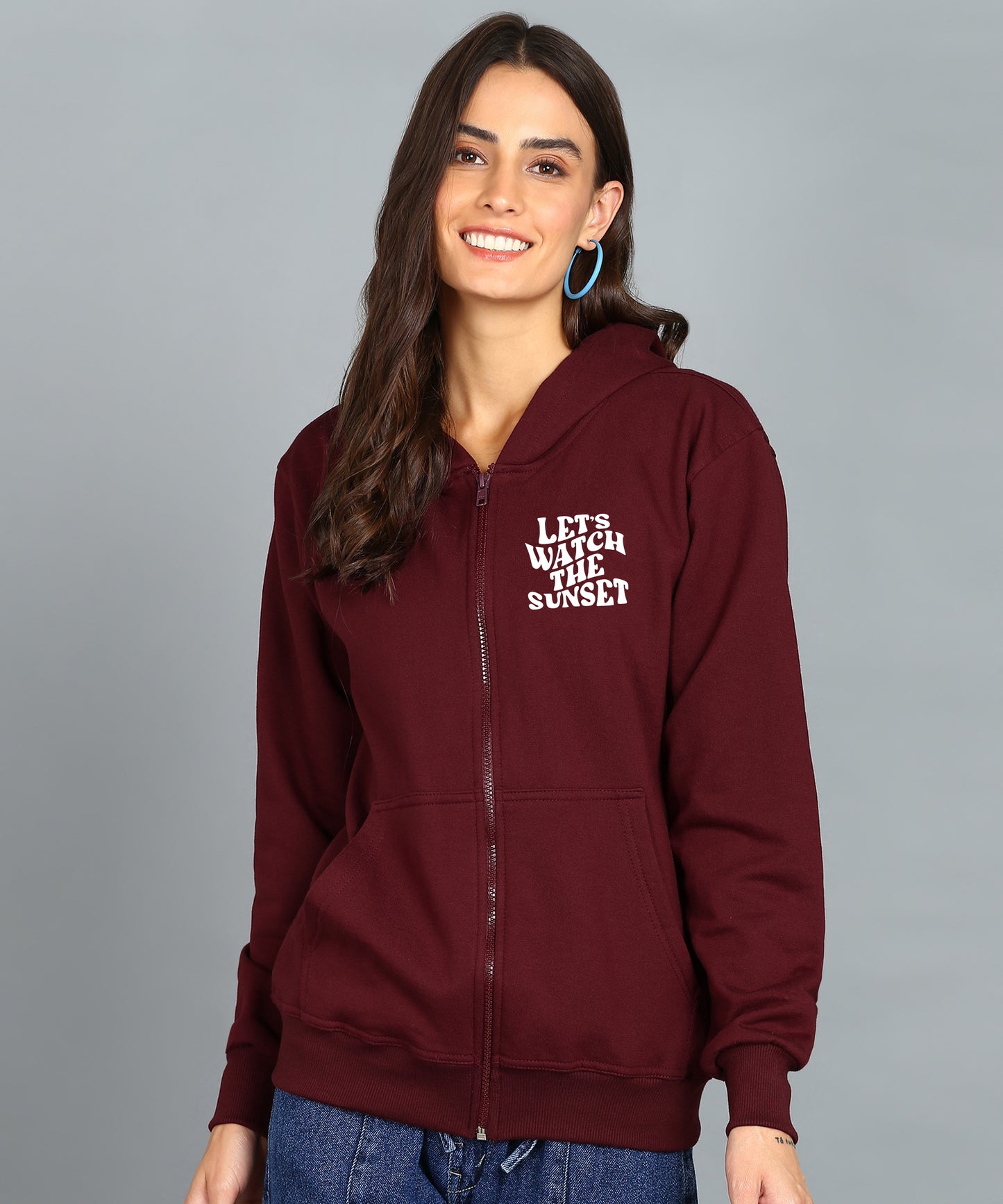 Back Printed Women's Cotton Full Zipper Sweatshirt Hoodies with Kangaroo Pocket Winter Wear Hooded Neck Sweatshirt