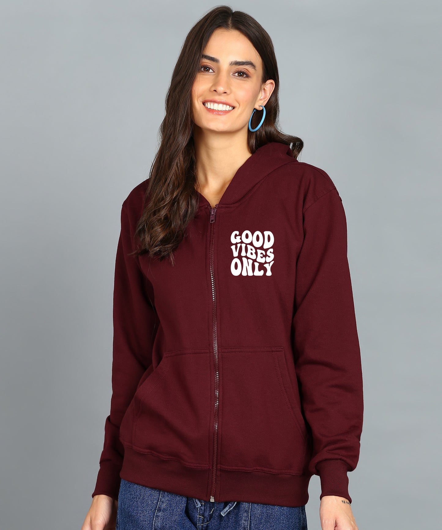 Back Printed Women's Cotton Full Zipper Sweatshirt Hoodies with Kangaroo Pocket Winter Wear Hooded Neck Sweatshirt